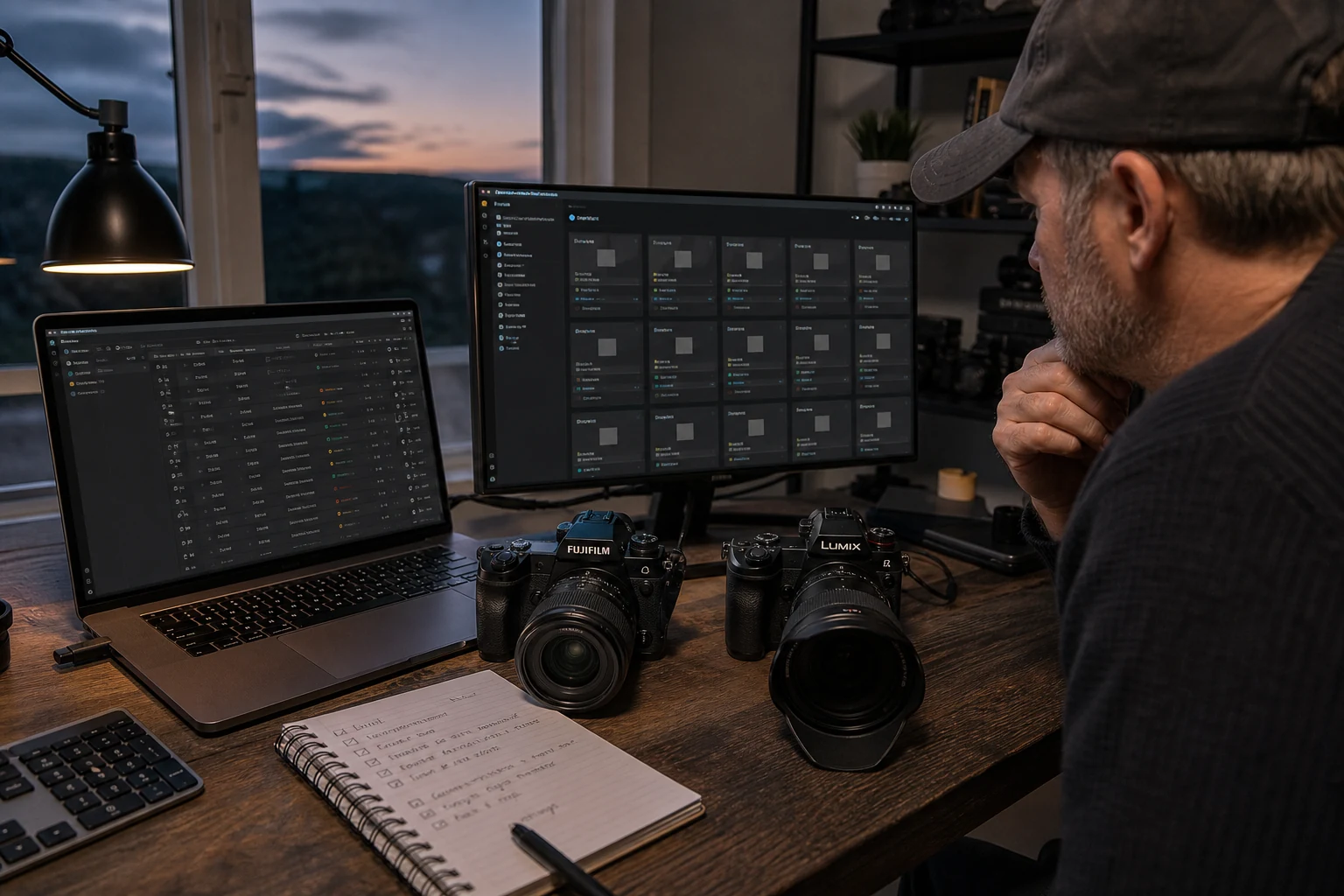 Photographer evaluating camera inventory software on a laptop beside Fujifilm and Lumix equipment