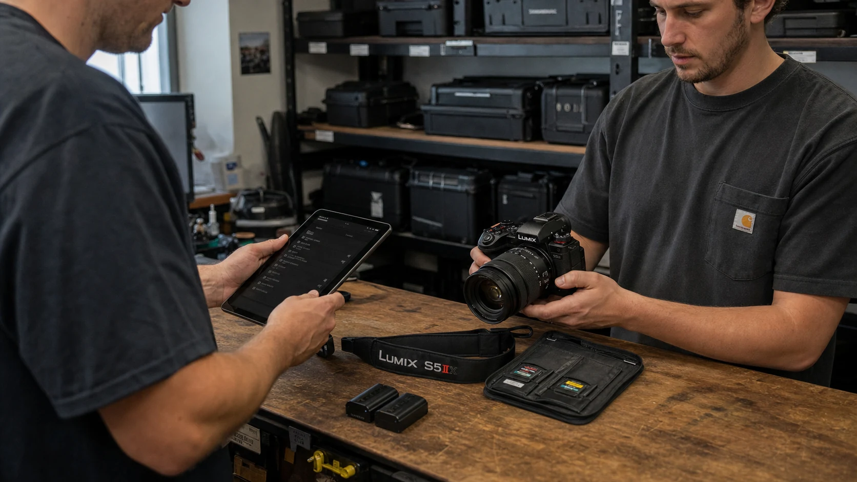 Studio assistant checking out a Lumix camera kit to a photographer across a gear counter