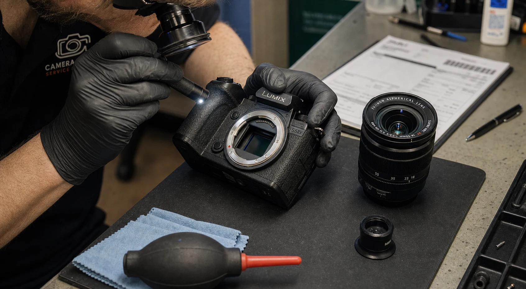 Camera technician inspecting a Lumix body and Fujifilm lens on a clean service bench