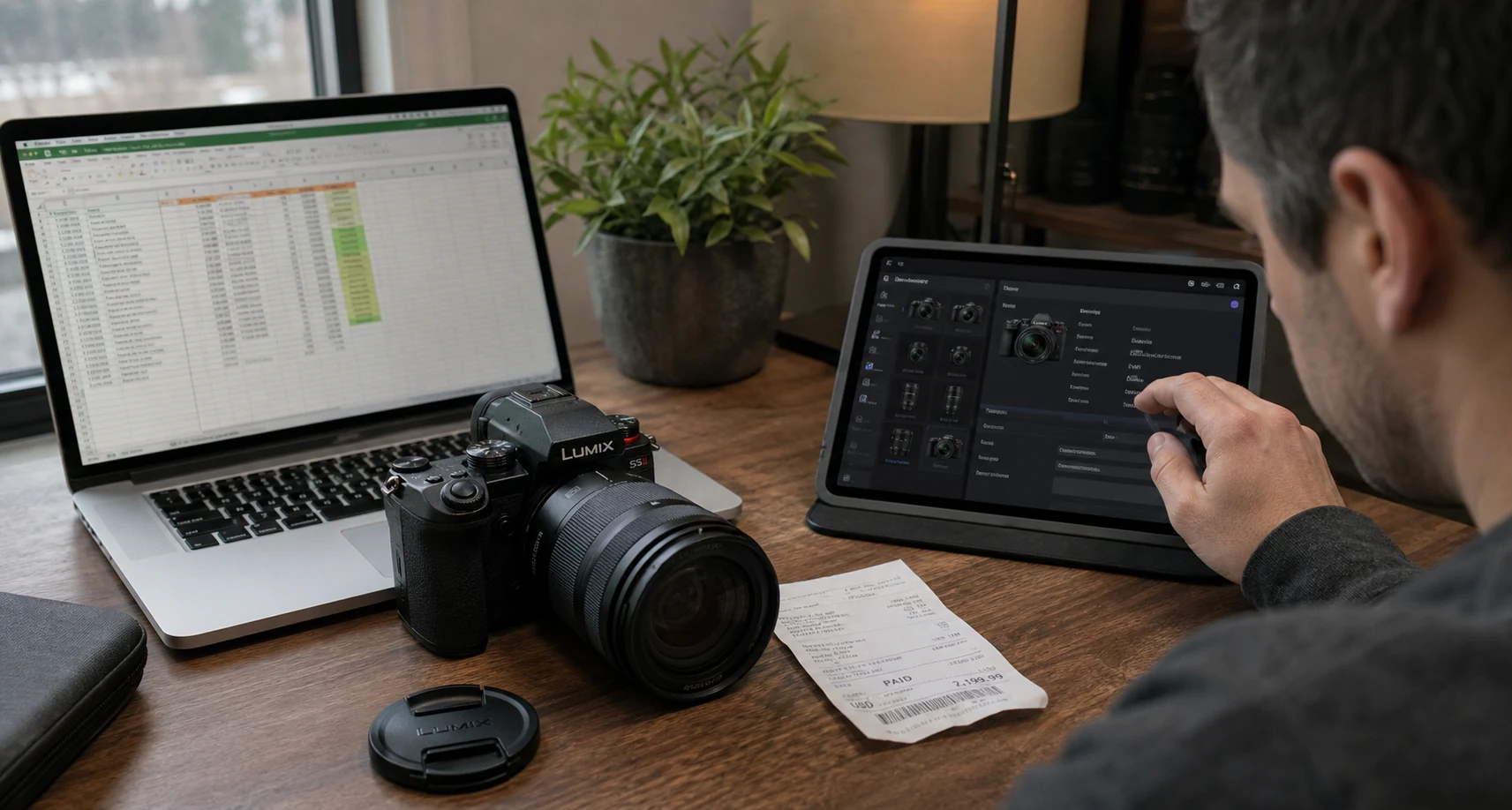 Photographer comparing a camera gear spreadsheet with an organized inventory app beside a Lumix camera