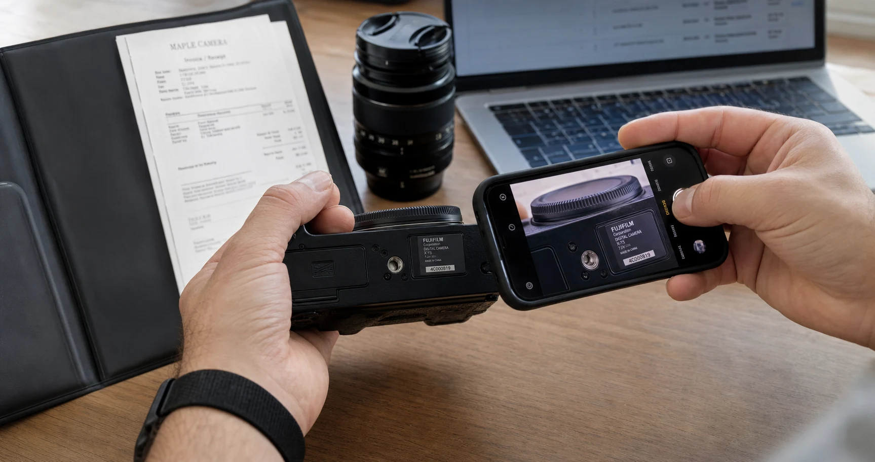 Close view of a photographer documenting the serial number on a Fujifilm camera for an insurance inventory