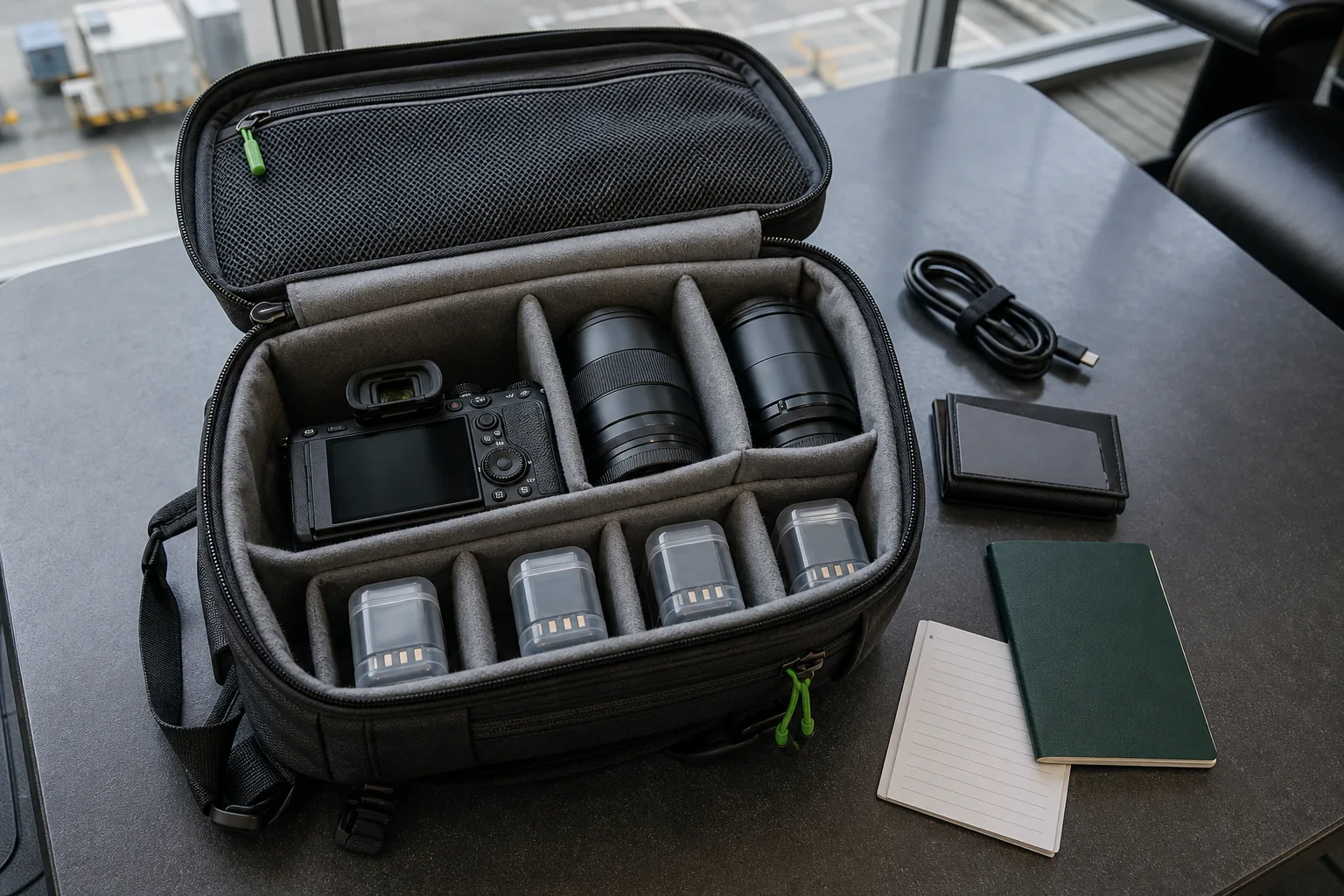 Open camera carry-on with a mirrorless body, two lenses, protected batteries, passport, and blank travel checklist