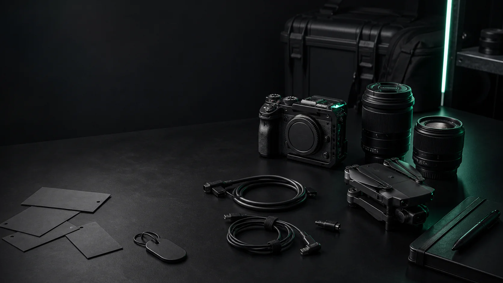Dark photographer workbench transforming loose product cards into a polished camera gear kit
