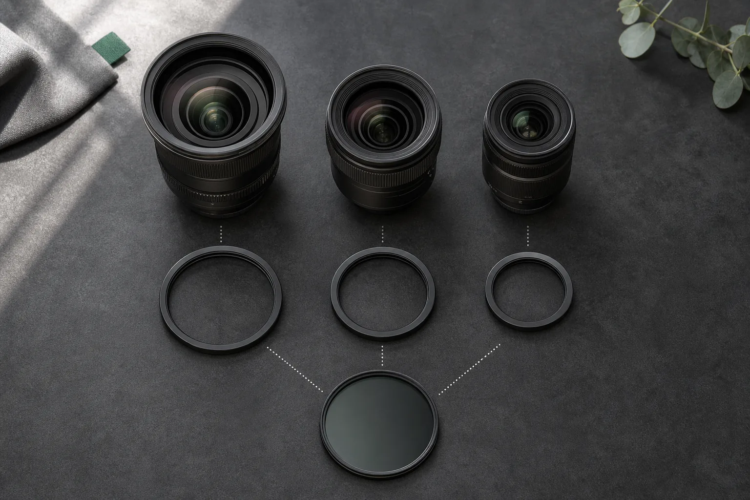 Three camera lenses with different front diameters, graduated step-up rings, and one large circular filter