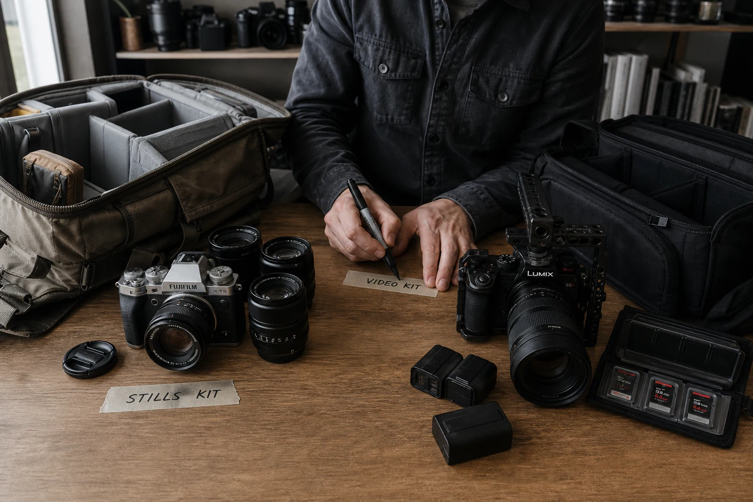 Real Fujifilm and Panasonic Lumix camera bodies with matching lenses arranged into labeled photo and video kits