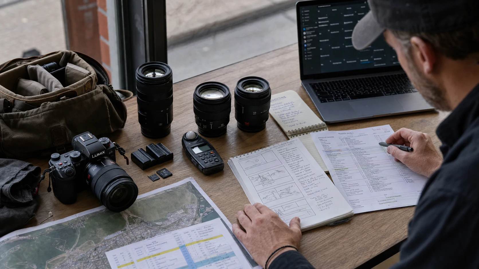 Photographer planning a location shoot with a Lumix camera, lenses, notebook, and production schedule