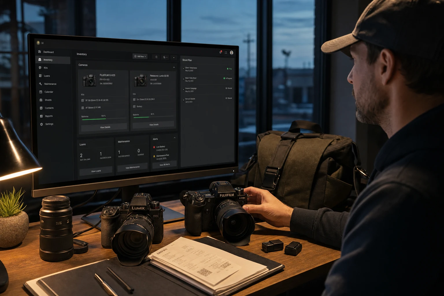 Photographer using a dark photography operations workspace beside Fujifilm and Lumix cameras