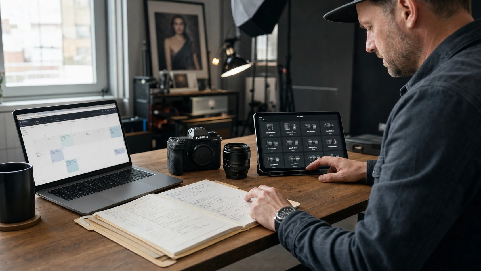 Studio photographer reviewing a client schedule and camera equipment inventory beside Fujifilm gear