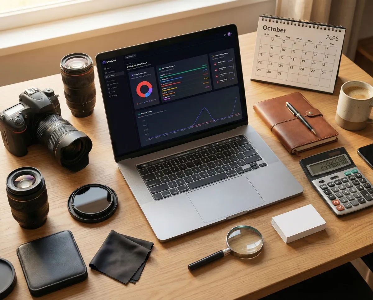 Professional camera equipment displayed with value tracking charts