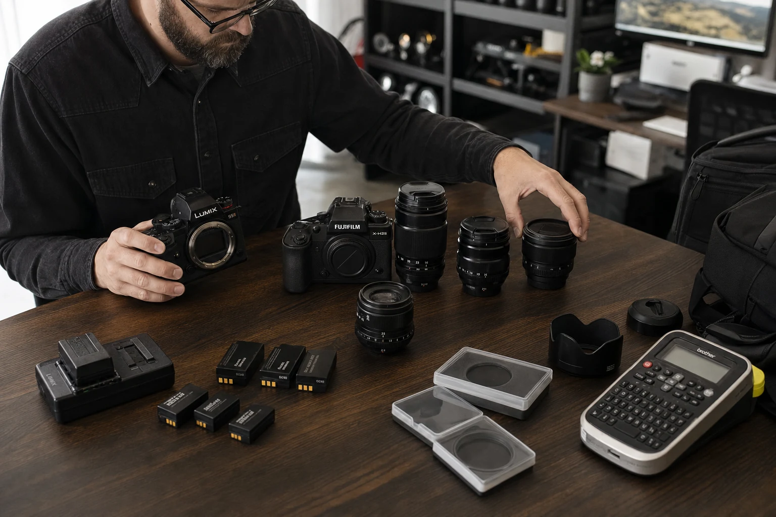 Photographer organizing Fujifilm and Lumix camera bodies, lenses, and accessories beside a laptop