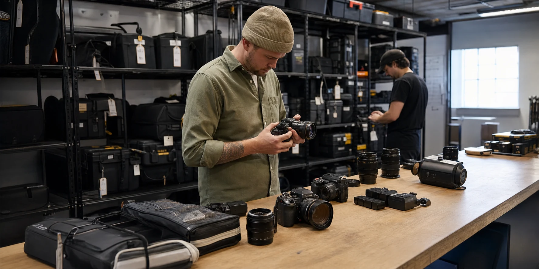 Photography studio manager checking shared Lumix cameras, Fujifilm lenses, and lighting equipment