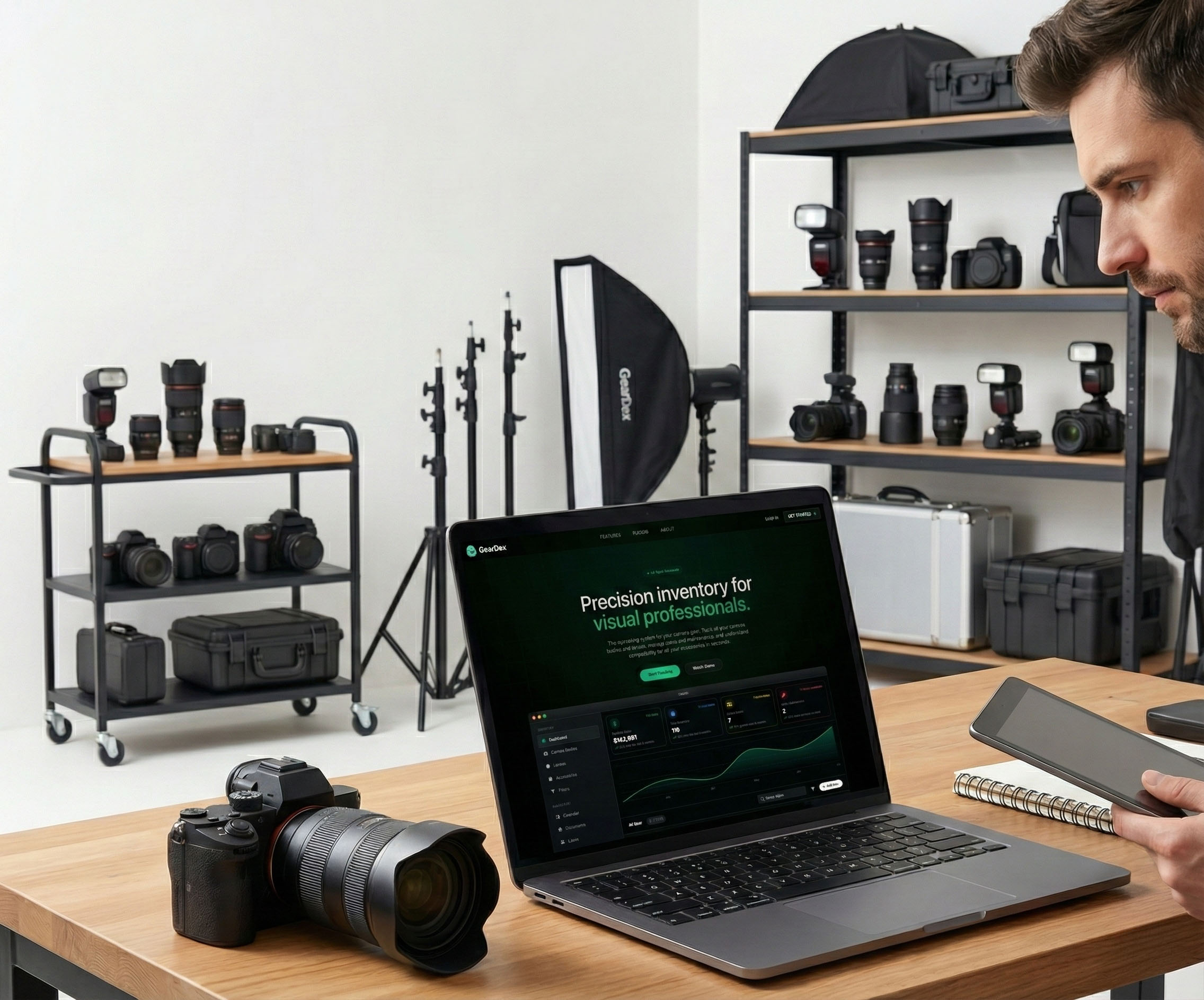 Photography studio with organized equipment and lighting gear