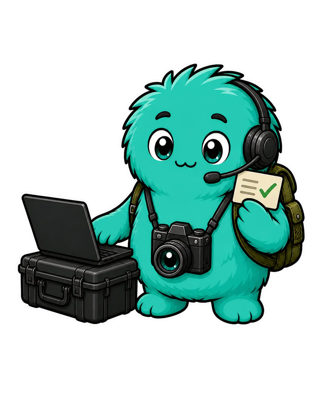 GearDex mascot wearing a support headset beside a laptop and holding a resolved support ticket