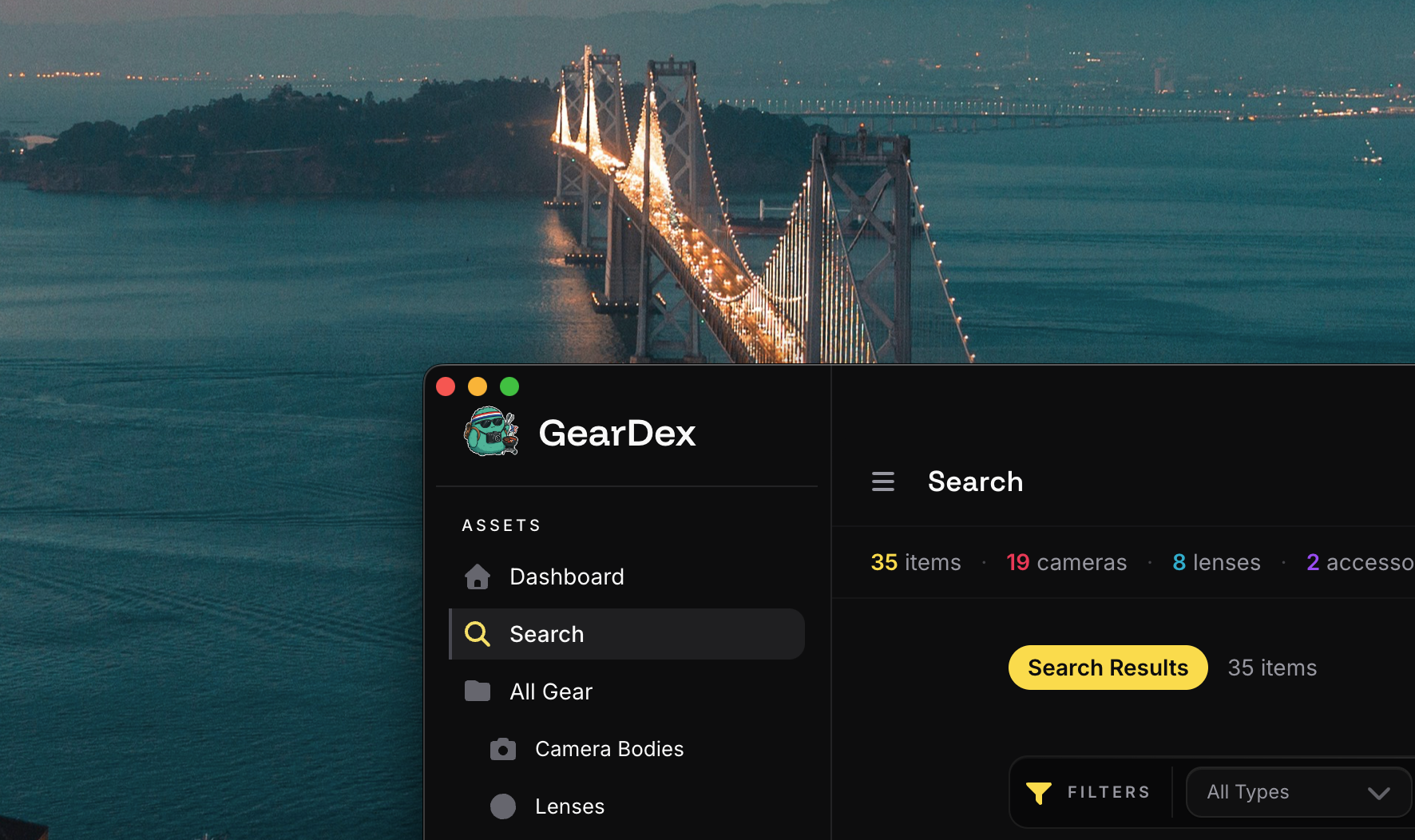 GearDex desktop search with camera equipment results and availability