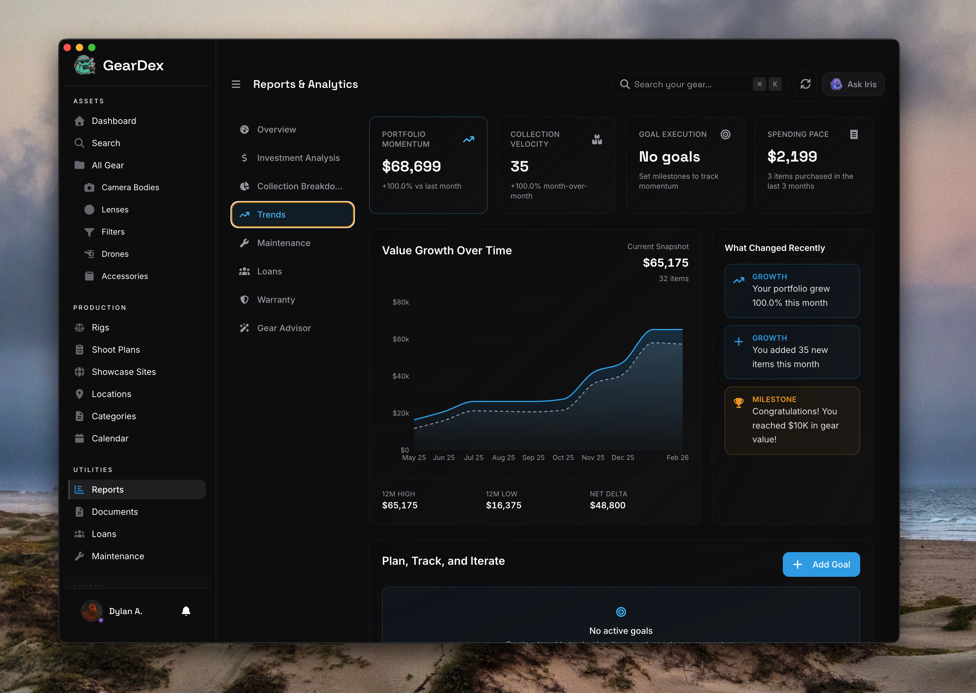 GearDex reports and analytics view in the desktop app