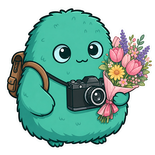 GearDex mascot holding flowers and a camera