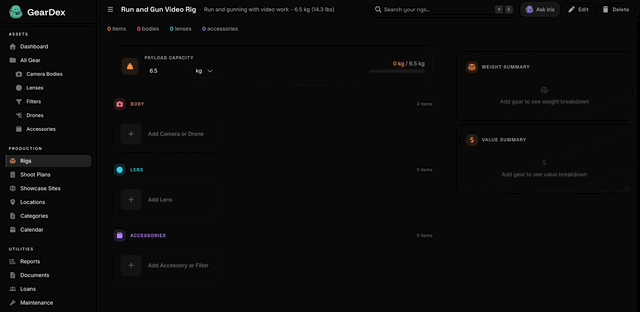 GearDex rig builder showing a video rig with body, lens, accessory, weight, and value sections