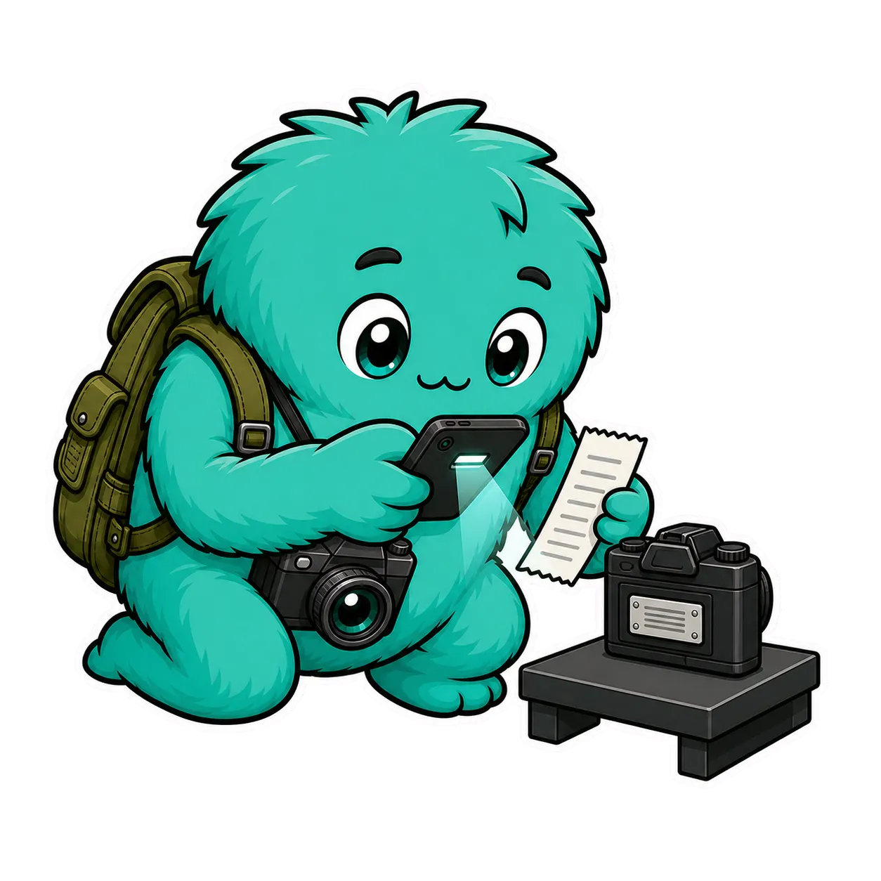 GearDex mascot photographing a camera serial plate while holding a receipt