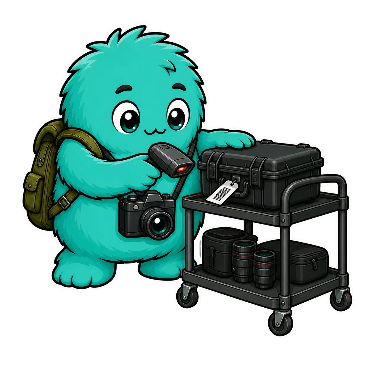 GearDex mascot scanning an equipment tag on a camera case beside a studio cart