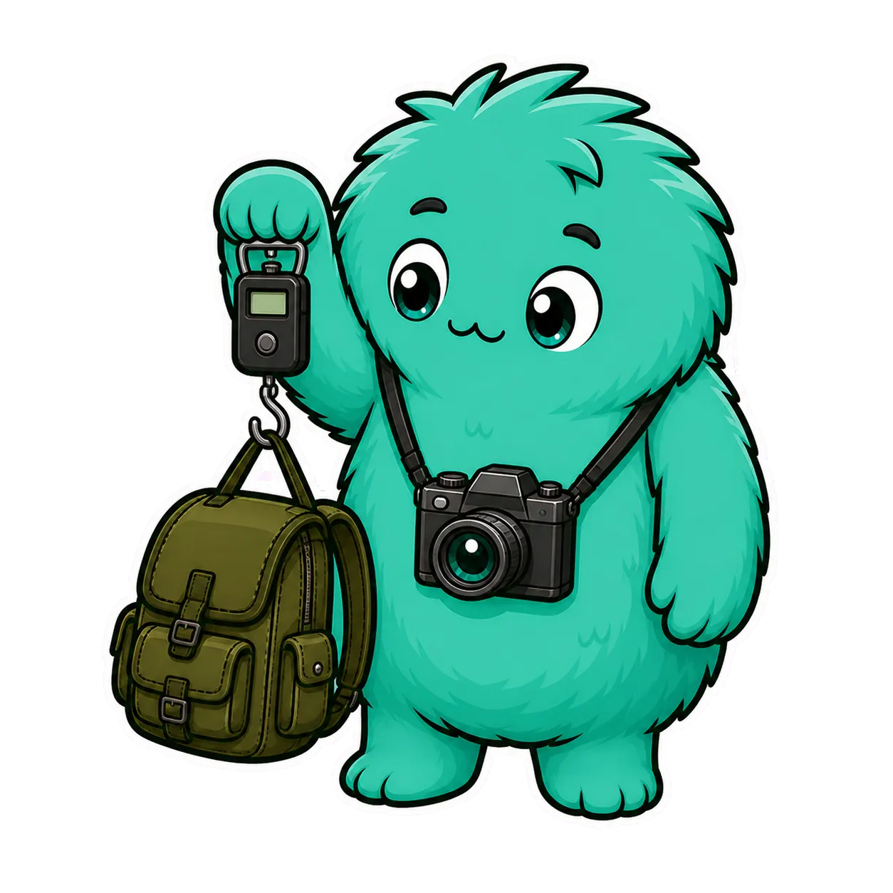 GearDex mascot weighing a camera backpack with a portable luggage scale