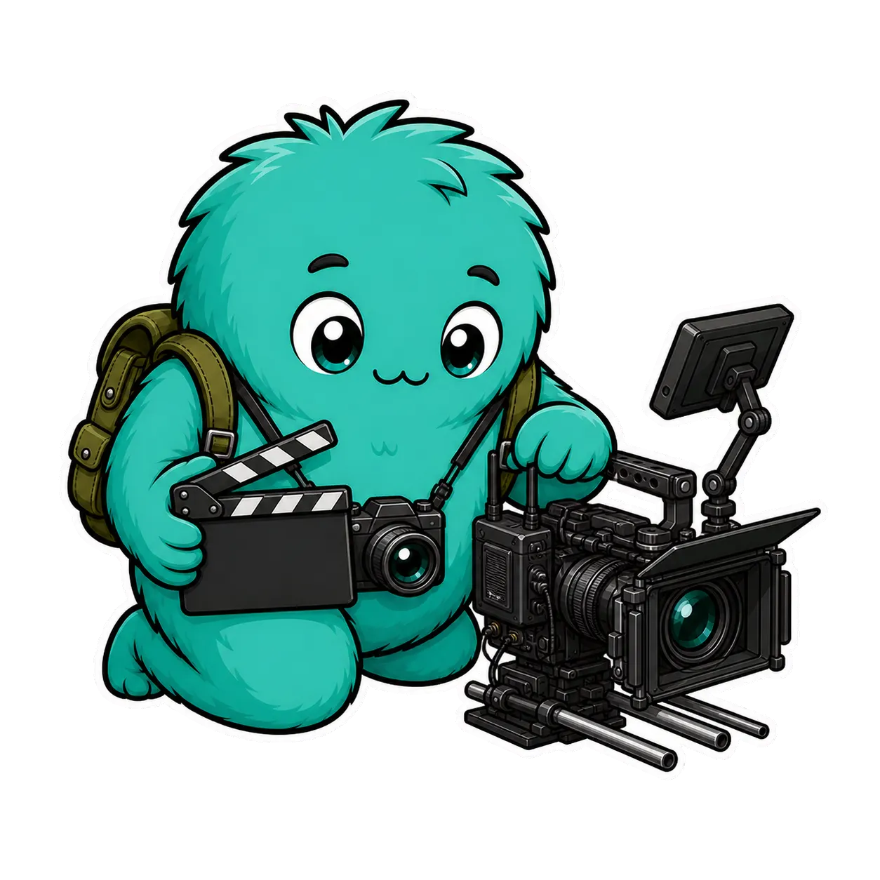 GearDex mascot checking a cinema camera package with a production slate and audio receiver