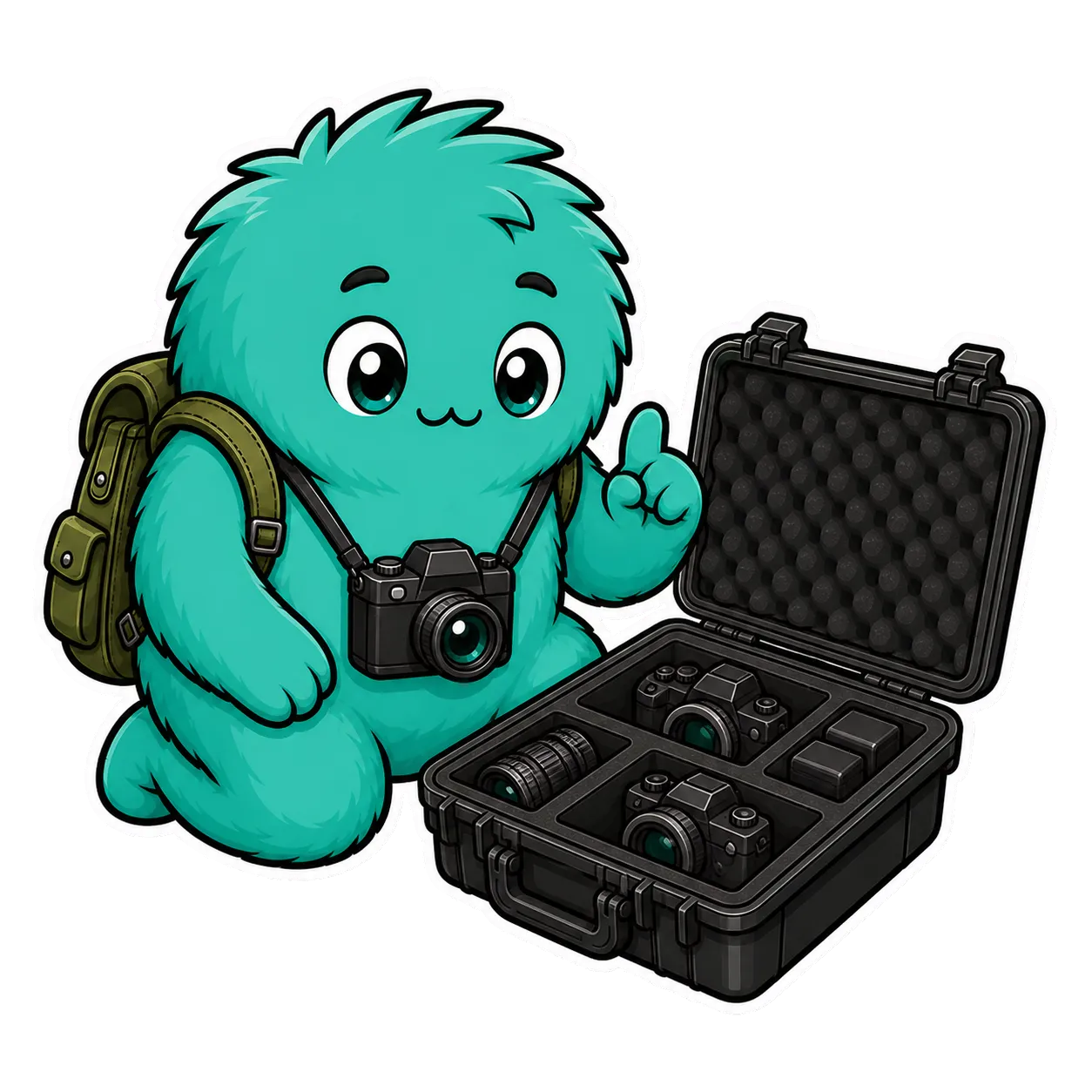 GearDex mascot checking two camera bodies, a backup lens, and spare batteries in a hard case