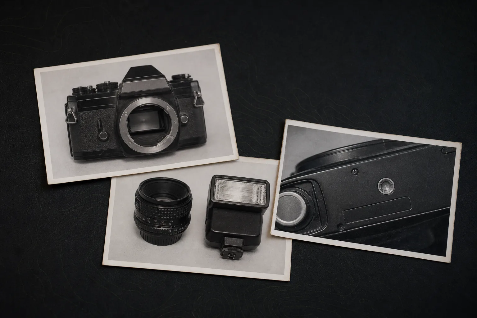 Three evidence photo prints showing a camera body, a lens with flash, and a camera identification plate