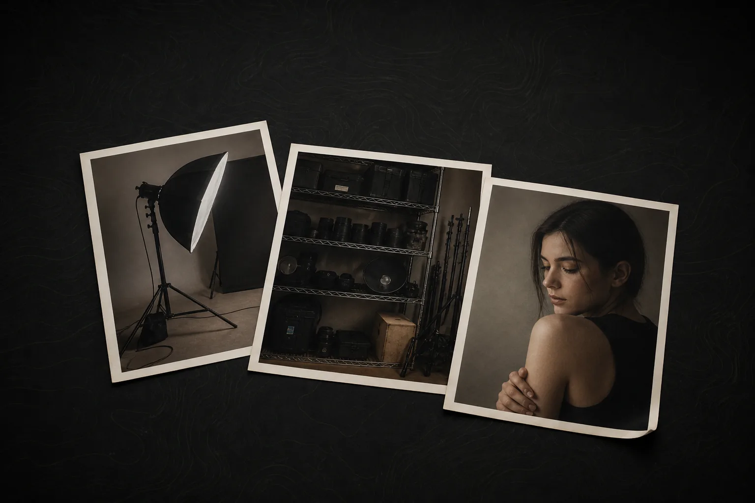 Three studio photo prints showing a light setup, an equipment shelf, and a finished portrait