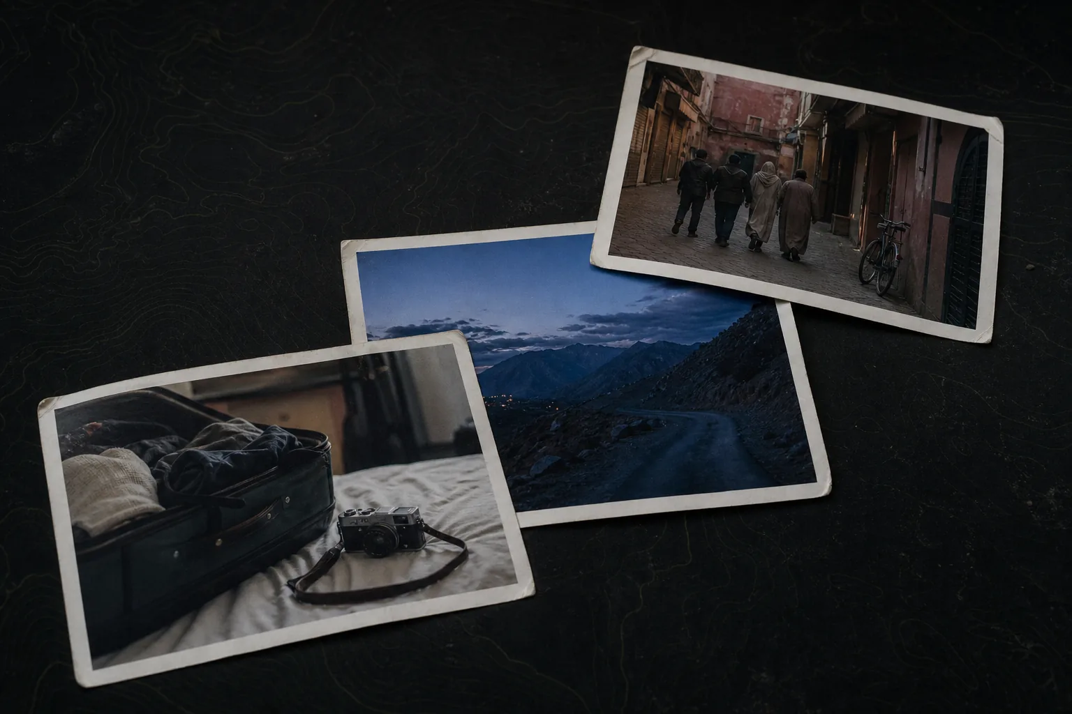 Three travel photo prints showing a packed carry-on, a mountain road, and a street scene