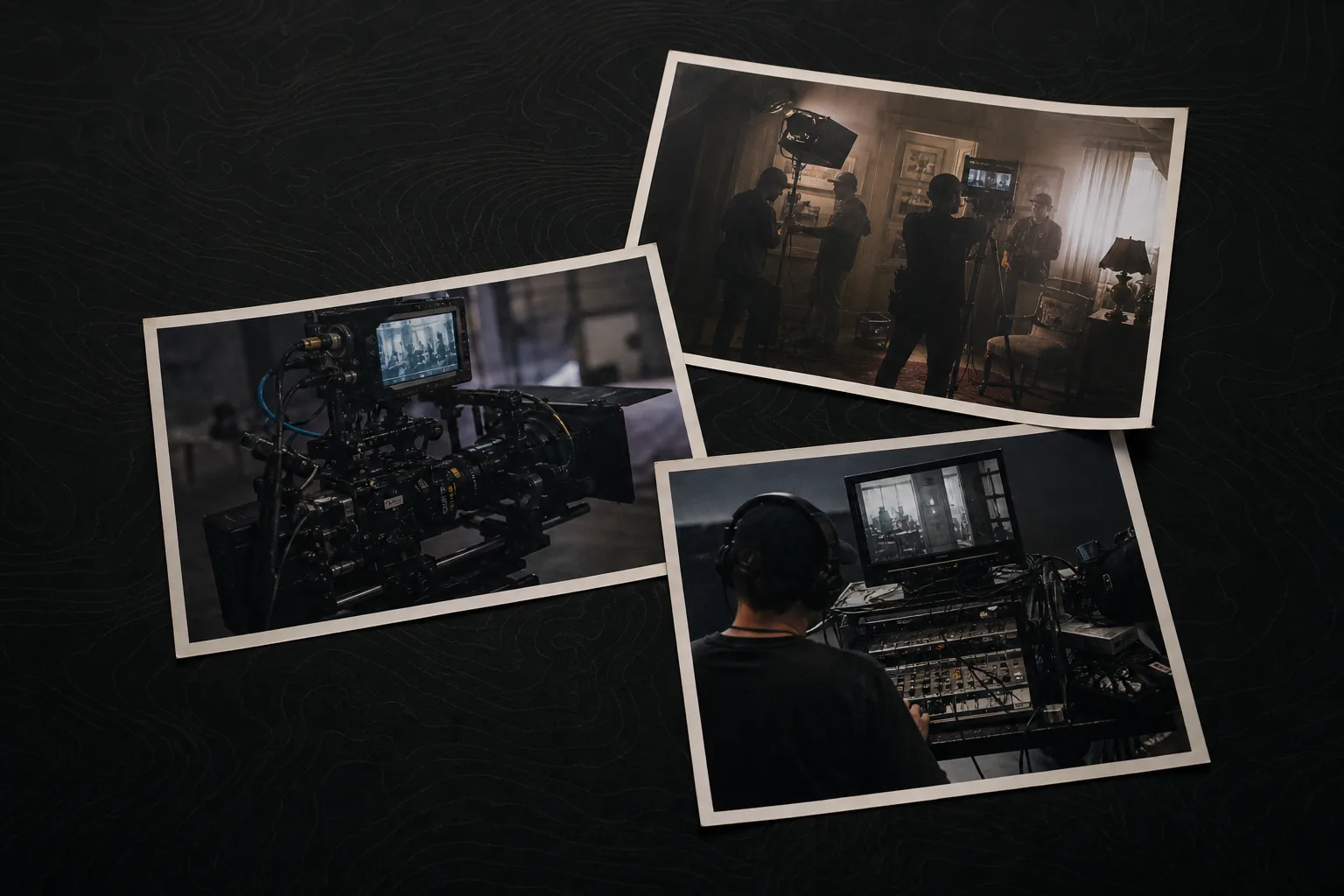 Three production photo prints showing a cinema rig, a monitor station, and a crew lighting a set
