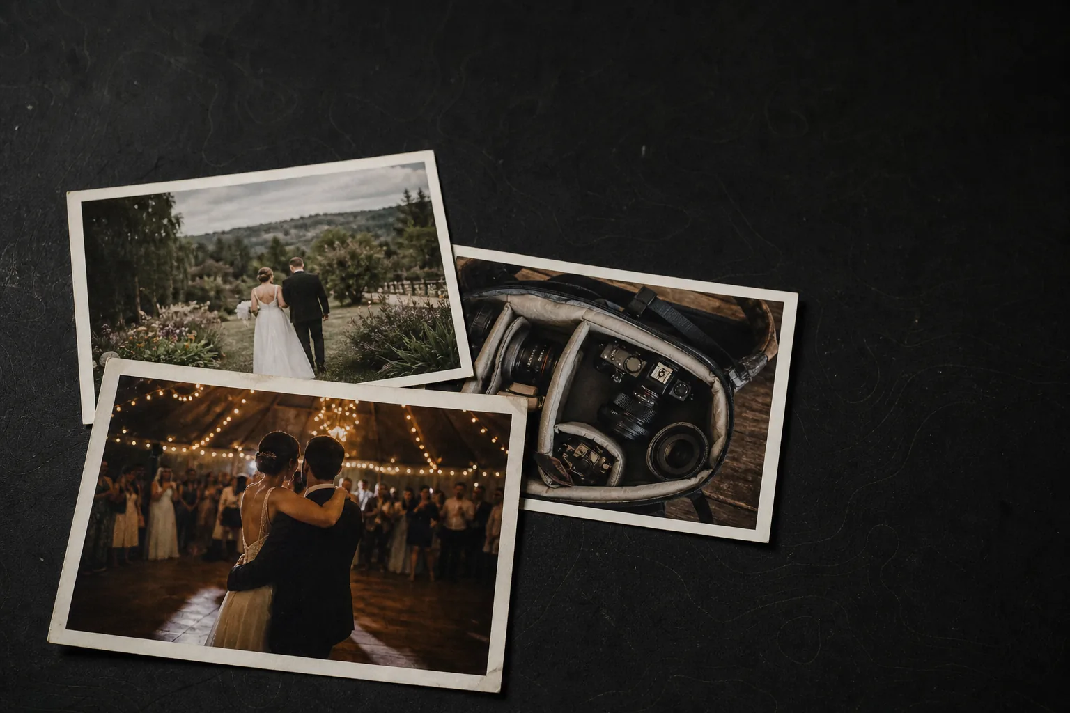 Three handled photo prints showing a wedding couple, a reception dance, and a packed camera bag