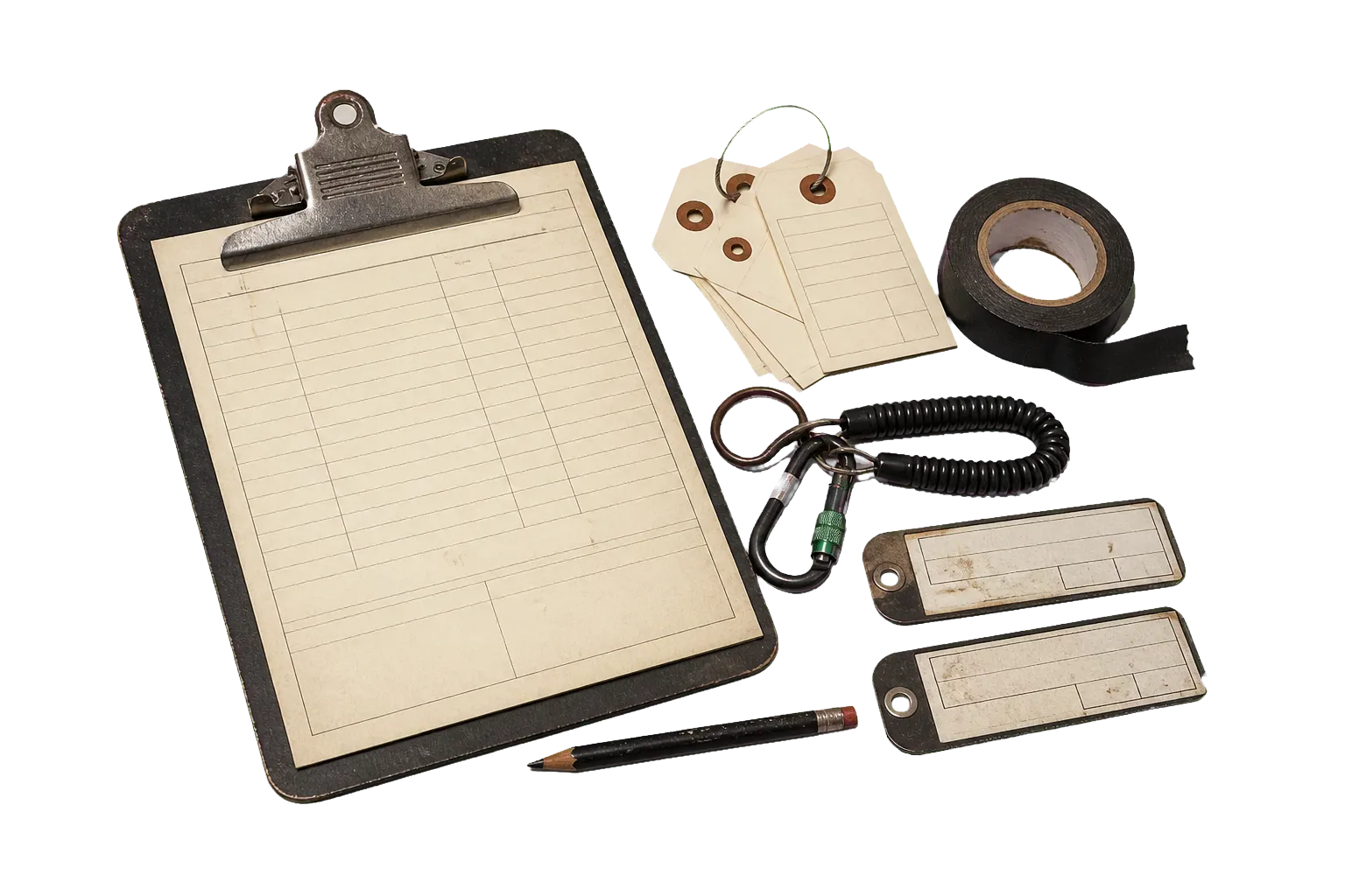Studio equipment clipboard, asset tags, label tape, and a coiled checkout tether