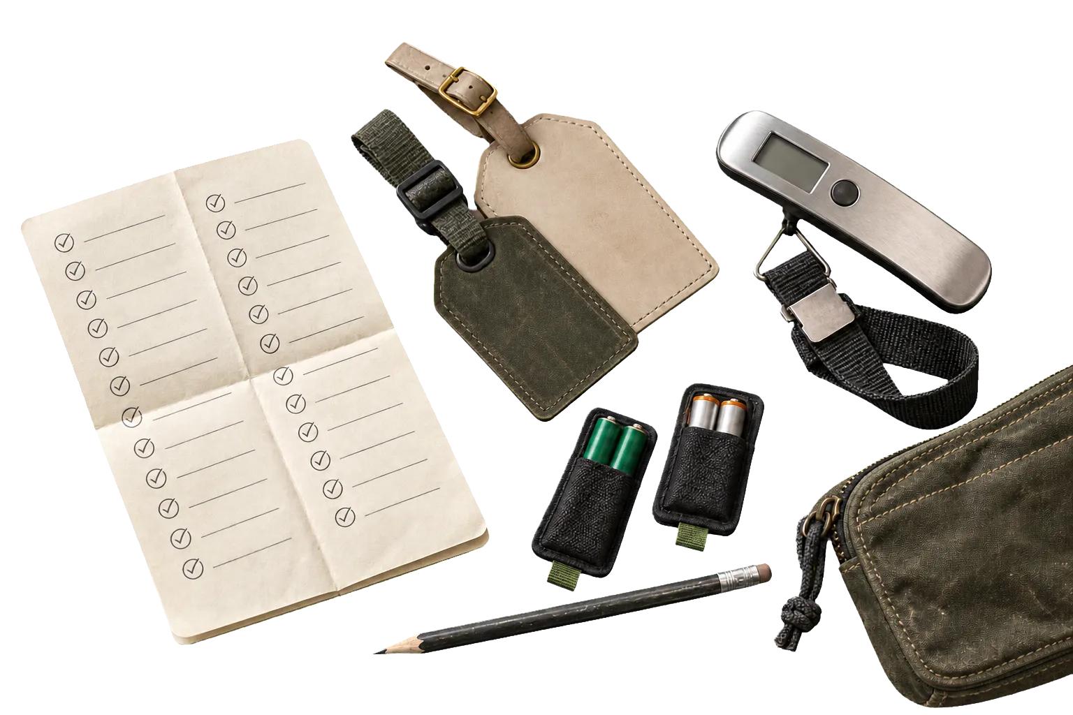 Travel packing checklist, luggage tags, battery sleeves, luggage scale, and camera pouch