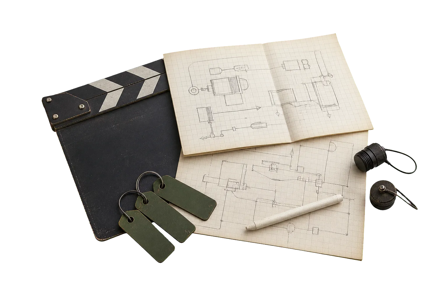 Cinema rig sketches, a production slate, cable tags, and connector caps arranged for a build