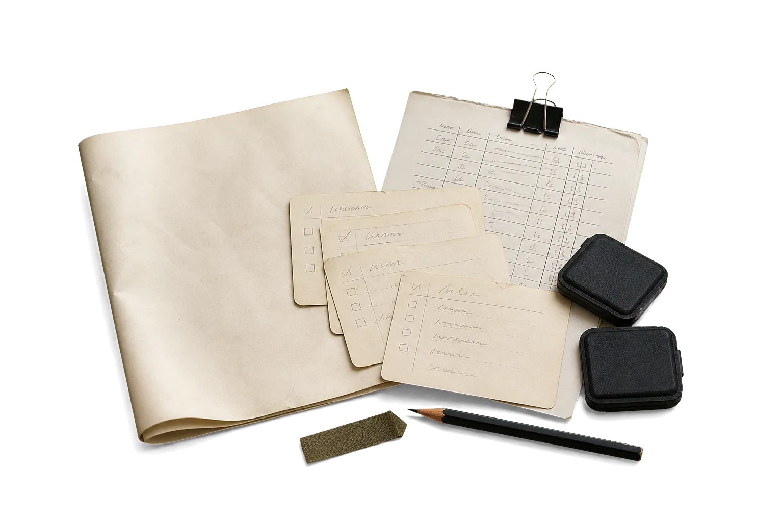 Wedding call sheets, shot cards, memory card cases, and a pencil arranged as a working prep kit